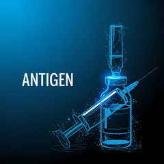A digital medical illustration of a antigen vial and syringe rendered in a futuristic wireframe style against a deep blue gradie.