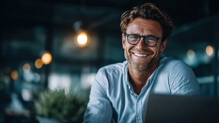 A smiling man with glasses sits in a modern office, looking confident and approachable, with warm lighting and a blurred background