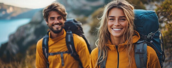 Smiling couple hiking in picturesque mountains wearing yellow jackets and backpacks