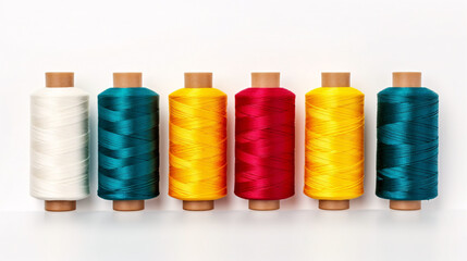Colorful sewing thread spools lined up in a row