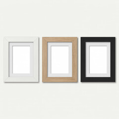 A product photo of three minimalist picture frames arranged horizontally against a white background.
