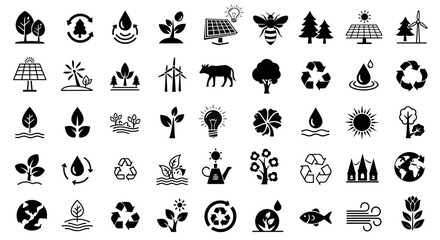 Environmental icons set in black and white for ecological themes  