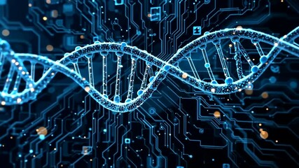 Blue DNA helix circuit board background with glowing dots Technology illustration - Powered by Adobe