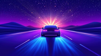 Futuristic car driving on a neon highway at sunset, surrounded by mountains and stars