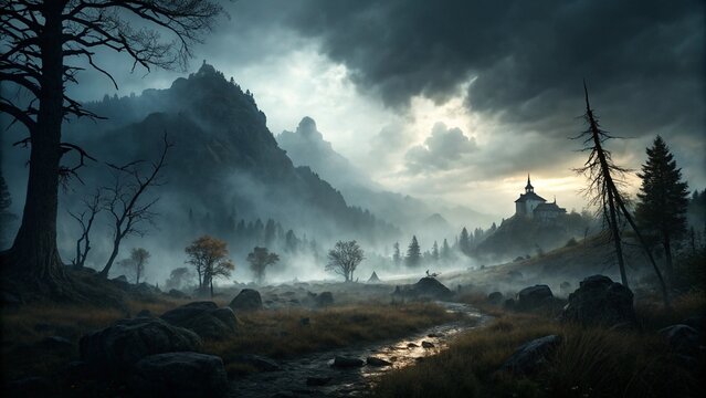 Mountain sunrise with misty clouds and snowy peaks in a peaceful morning landscape - Powered by Adobe