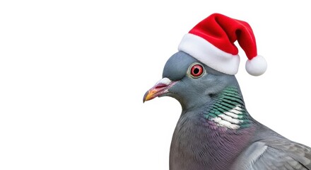 Festive pigeon wearing a santa hat on a white background