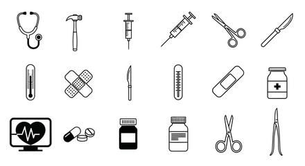 Medical instruments and supplies in black and white vector icons  