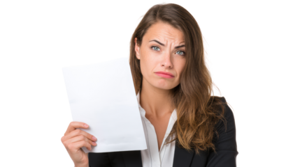 Frustrated businesswoman holding a blank document, expressing disappointment with crossed arms, isolated on white.