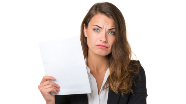 Frustrated businesswoman holding a blank document, expressing disappointment with crossed arms, isolated on white.