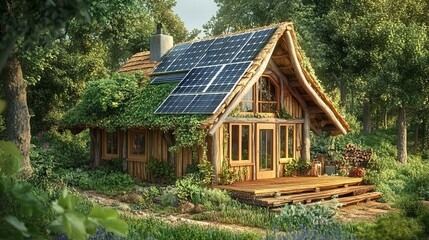 A simple eco-home with wooden walls,, and solar panels, blending with the natural surroundings. .