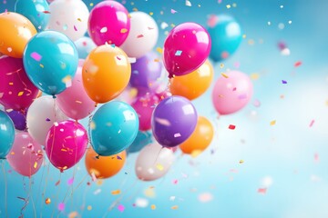 Colorful balloons and confetti floating in the air against a bright blue sky, creating a festive and joyful celebration atmosphere