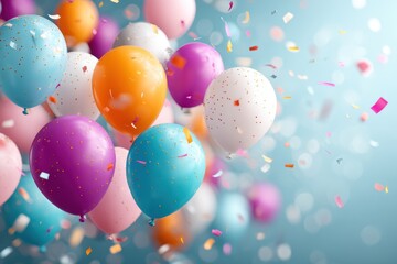 Colorful balloons and confetti float in the air, creating a festive and joyful party atmosphere against a soft blue background