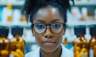 African American woman examining medicine vial bottles in a pharmaceutical lab. Black female lab pharmacist scientist working in a healthcare factory. Inclusion and diversit, Generative AI