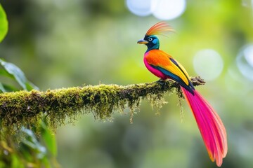 Fototapeta premium Striking bird with long colorful tail sitting on mossy branch in tropical forest of Costa Rica
