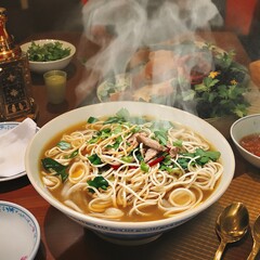 Steaming Bowl Of Asian Noodles Soup Rich Broth Fresh Herbs Table