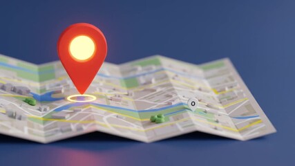 Glowing location pin on folded map - Powered by Adobe