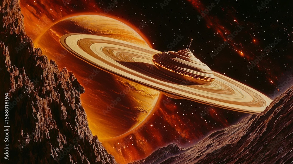 Wall mural a spaceship approaching a massive planet with a glowing ring system, set against the dark void of sp