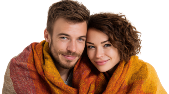Happy couple embracing each other wrapped in colorful blankets against a white background.