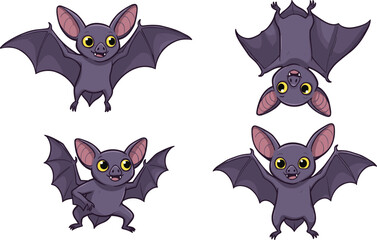 Bat character cad drawing flat vector illustration, cartoon-style purple bats in flying, hanging