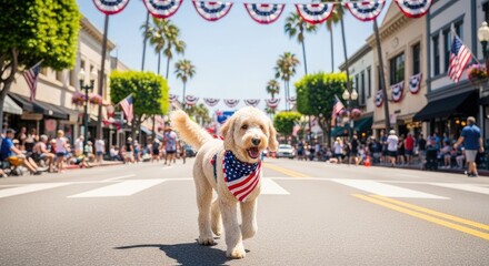 Dog goldendoodle wear patriotic red white and blue bandana on 4th July parade street