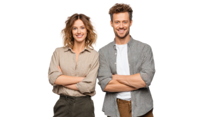 Happy young couple smiling while standing with arms crossed, isolated on white background.
