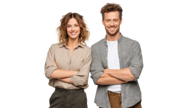 Happy young couple smiling while standing with arms crossed, isolated on white background.