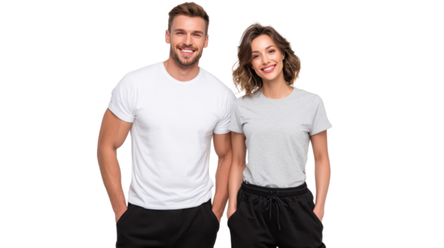 Joyful couple standing together, casually dressed in t-shirts and joggers, smiling at the camera.