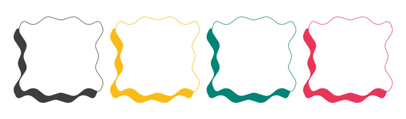 Wavy border frame. Rectangular circle and square scallop edge box. with black, green, yellow and red colors. Aesthetic decorative design doodle with shadow. cute retro vector