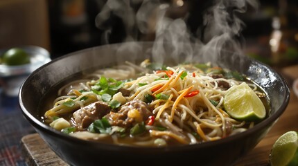 Steaming Bowl of Delicious Vietnamese Pho Noodle Soup Restaurant Meal
