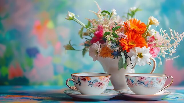 Fresh flowers in a white pitcher create a colorful still life with two decorative teacups on a soft painted background.