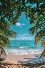 Fototapeta premium Tropical beach with palm trees under blue sky and turquoise ocean waves
