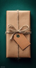 Tied gift box with tag on teal background