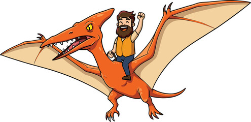 Dinosaur flight cad drawing flat vector illustration, cartoon man in yellow vest riding orange pterosaur with fist raised in adventure pose © Bokul Creatives