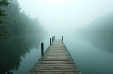 A calm, blue morning landscape unfolds over the water, featuring a serene lake with a wooden pier extending towards the misty horizon under a peaceful, cloudy sky
