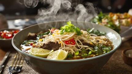 Steaming Bowl of Pho Noodle Soup Garnished with Fresh Cilantro