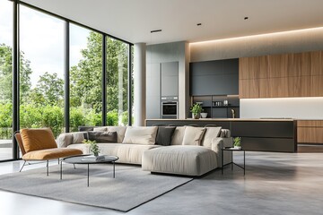 Spacious modern studio interior with open kitchen and living room, large sofa and armchair, minimalist design