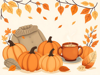 Cozy autumn illustration with pumpkins, falling leaves and a warm coffee cup. 
