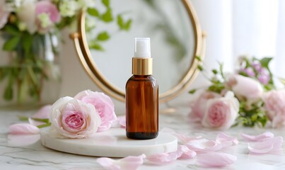 A delicate skincare ritual scene background of plain skincare amber glass bottle with atomizer with no label surrounded by rose petals and flowers