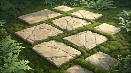 Garden stone path with square stepping stones and lush green grass