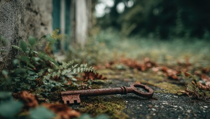 Fototapeta premium Rusty key rests on mossy ground near an old building