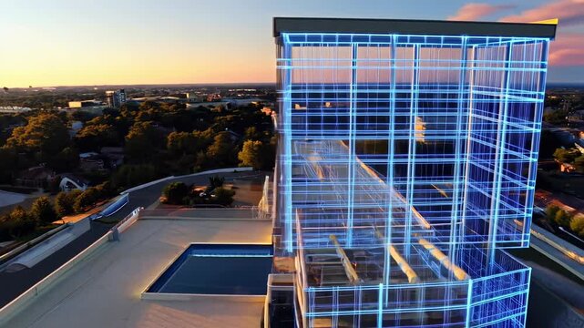 Highly detailed digital architectural visualization of modern building structure with elegant wireframe overlay showcasing design innovation and advanced urban development technology at sunset in
