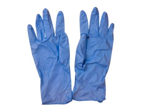 Pair of Used Light Blue Nitrile Disposable Gloves Wrinkled Texture Isolated on a transparent background