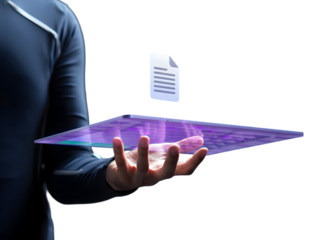 Person in dark clothing holding a transparent purple holographic tablet displaying a digital document icon above it isolated on a transparent background
