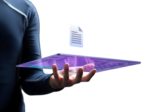 Person in dark clothing holding a transparent purple holographic tablet displaying a digital document icon above it isolated on a transparent background