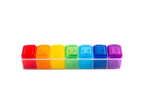 Colorful Seven Compartment Weekly Pill Organizer Box Red Orange Yellow Green Blue Purple Transparent Plastic Container isolated on a transparent background