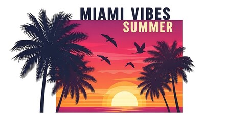 Obraz premium Miami vibes summer tropical beach sunset with palm trees and flying birds scene