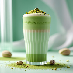 Iced Matcha Latte with Pistachio Topping – Refreshing Green Tea Drink in Glass Cup with Nuts on Green Background