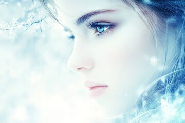 Soft blue background, woman with serene expression and soft skin