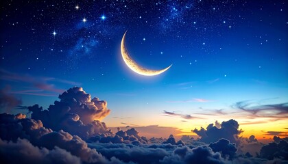 Dreamy nightscape with a crescent moon shining over fluffy clouds and starry sky