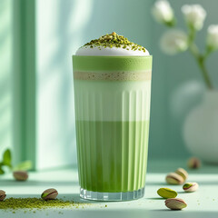 Iced Matcha Latte with Pistachio Topping – Refreshing Green Tea Drink in Glass Cup with Nuts on Green Background